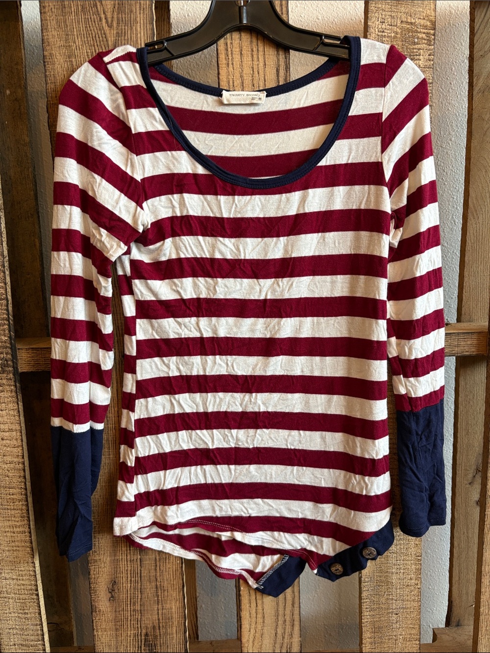 twenty second Burgundy & White Striped Long-Sleeve Scoop Neck Top